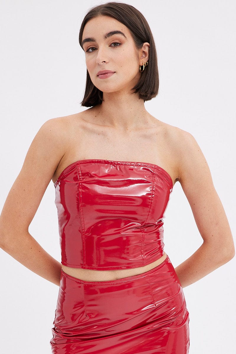Red Corset Top Sleeveless Strapless Bandeau PU Patent for Ally Fashion