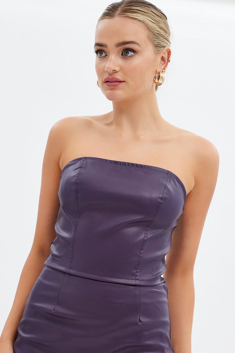 Purple Faux Leather Corset Sleeveless Strapless Bandeau for Ally Fashion