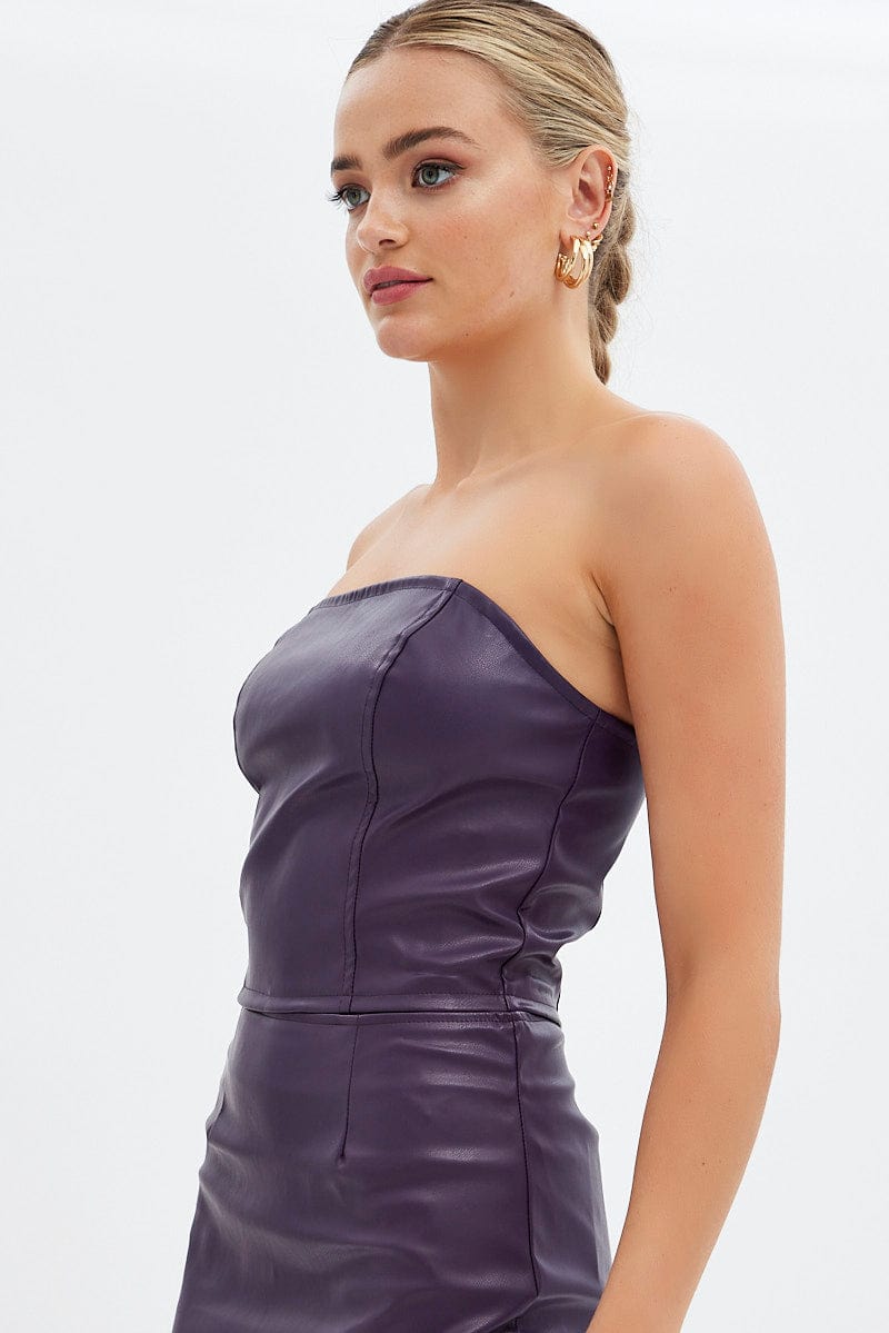 Purple Faux Leather Corset Sleeveless Strapless Bandeau for Ally Fashion