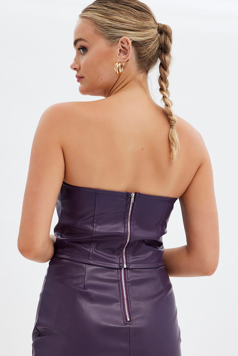 Purple Faux Leather Corset Sleeveless Strapless Bandeau for Ally Fashion