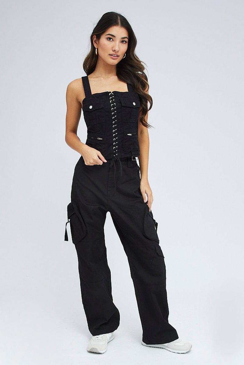 Black Cargo Top Sleeveless Square Neck Longline Utility for Ally Fashion