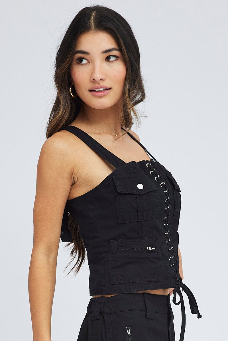 Black Cargo Top Sleeveless Square Neck Longline Utility for Ally Fashion