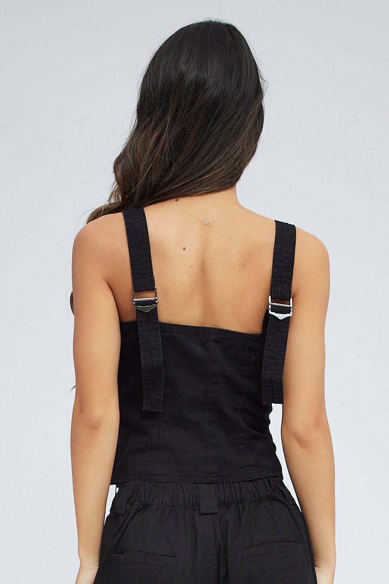 Black Cargo Top Sleeveless Square Neck Longline Utility for Ally Fashion