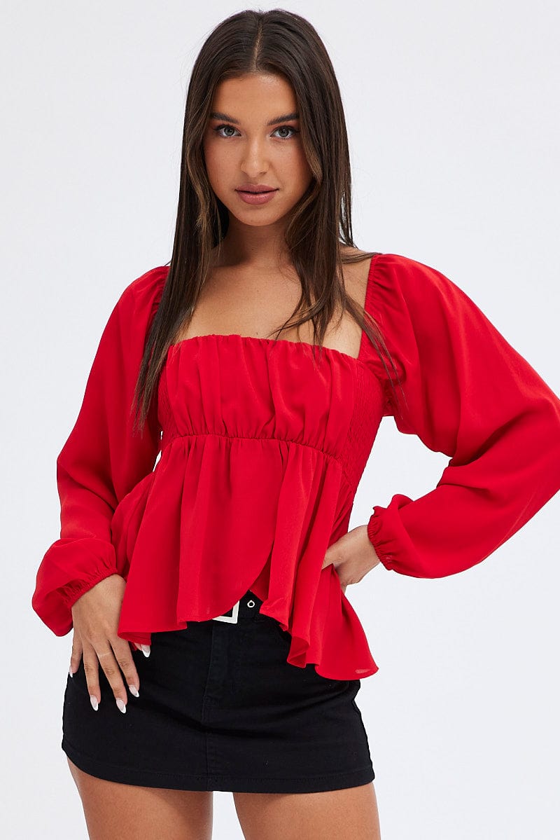 Red Top Long Sleeve Square Neck Shirred Ruched for Ally Fashion