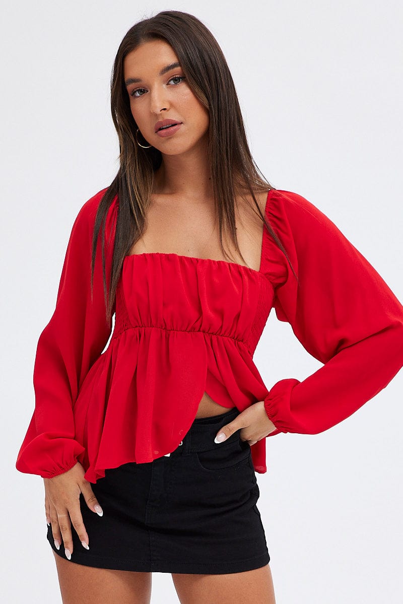 Red Top Long Sleeve Square Neck Shirred Ruched for Ally Fashion