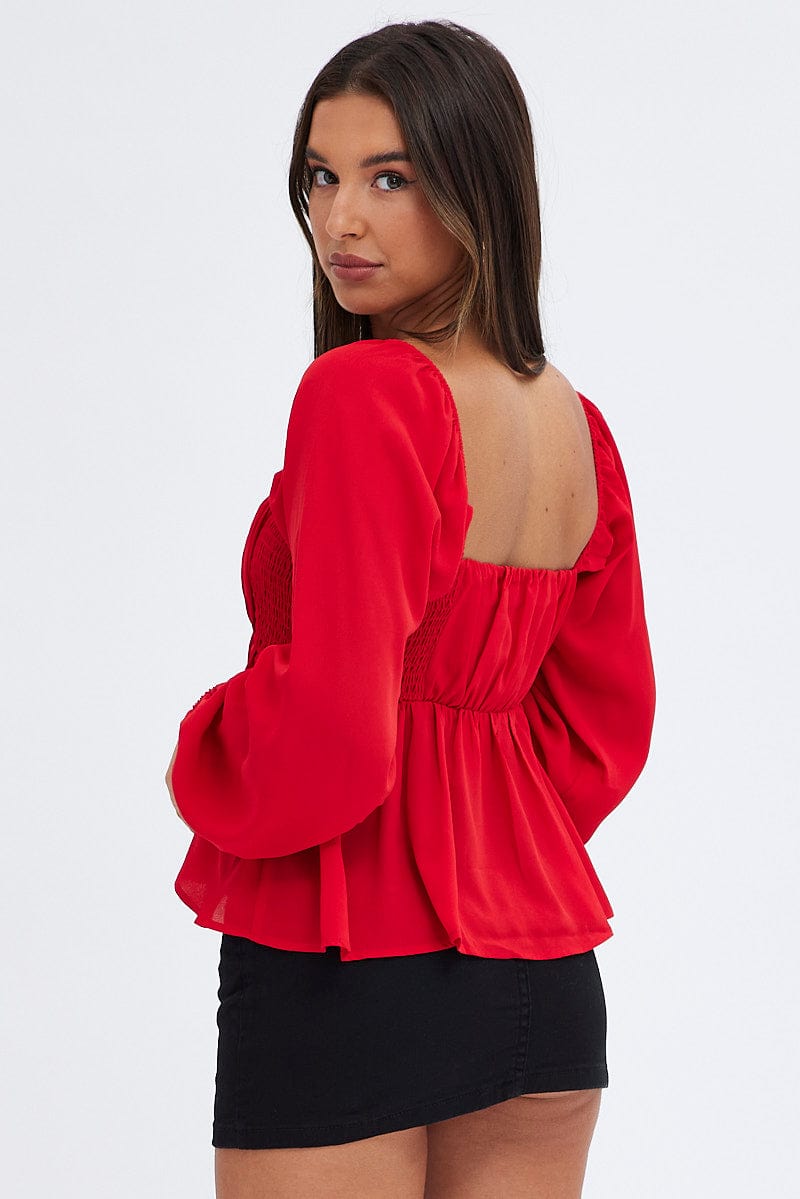 Red Top Long Sleeve Square Neck Shirred Ruched | Ally Fashion