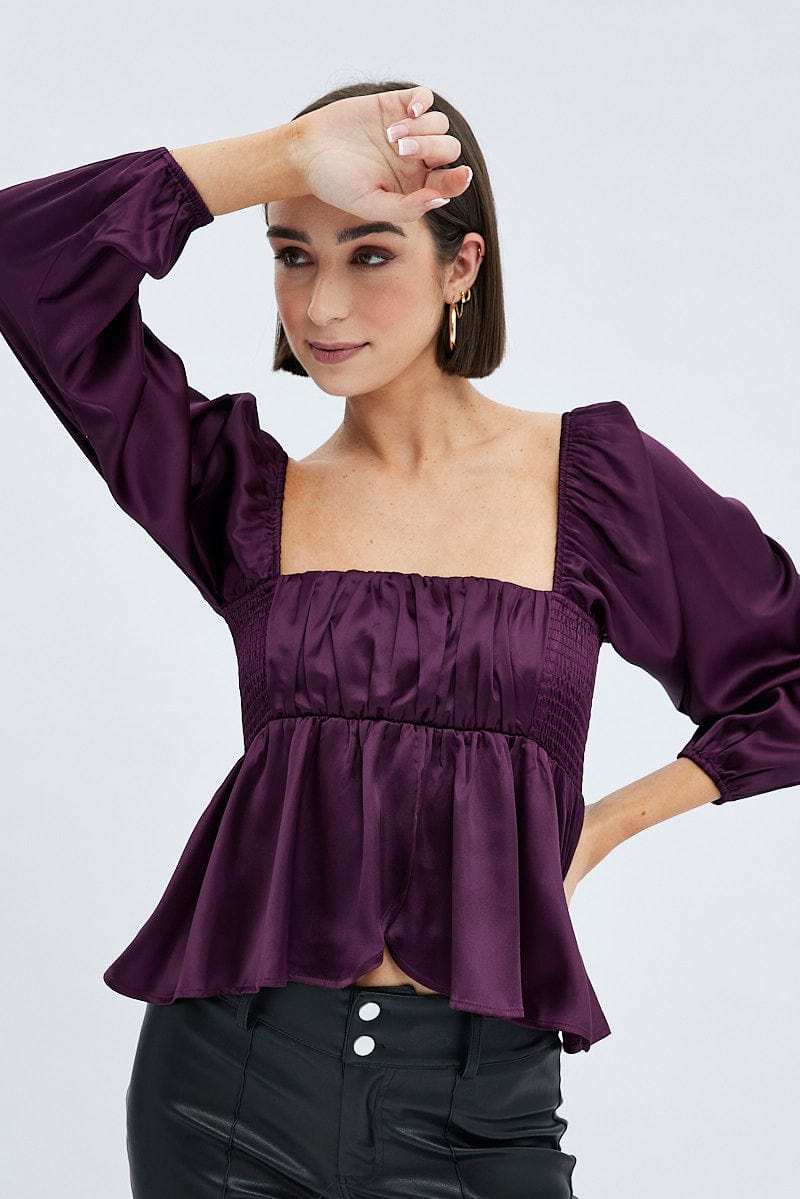 Red Top Long Sleeve Square Neck Shirred Ruched Satin | Ally Fashion