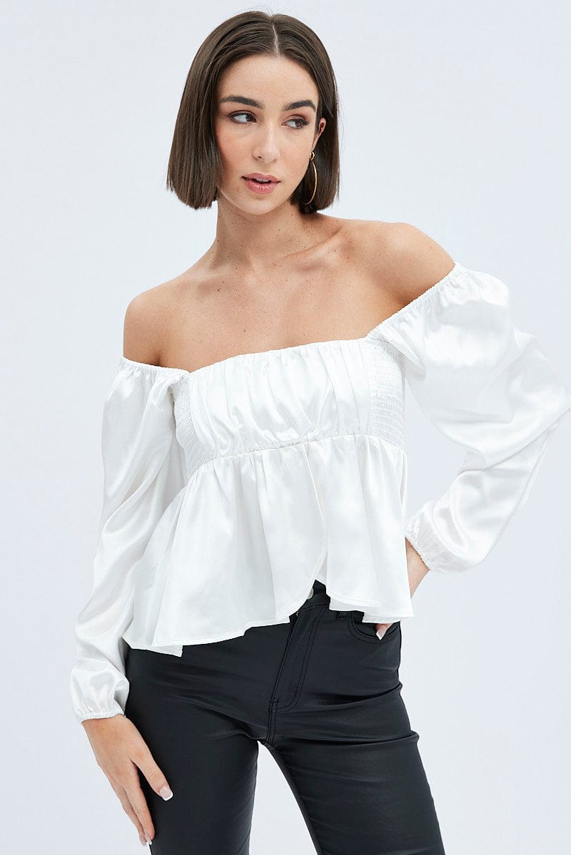 White Top Long Sleeve Square Neck Shirred Ruched Satin for Ally Fashion