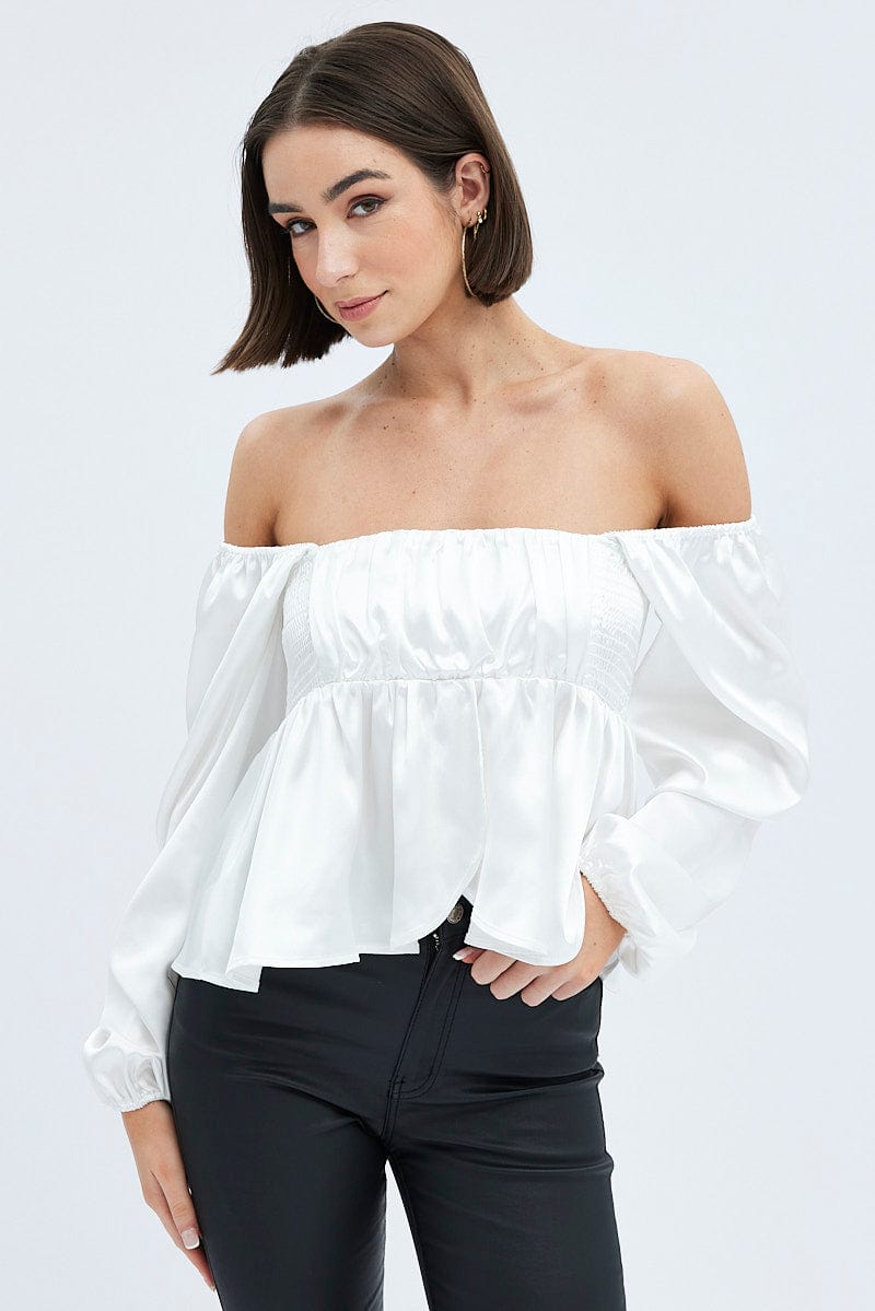 White Top Long Sleeve Square Neck Shirred Ruched Satin for Ally Fashion