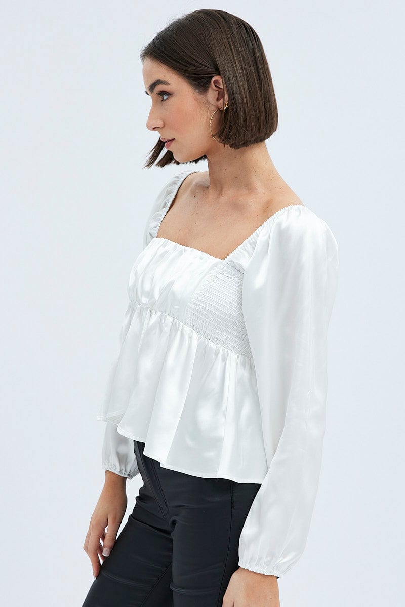 White Top Long Sleeve Square Neck Shirred Ruched Satin for Ally Fashion