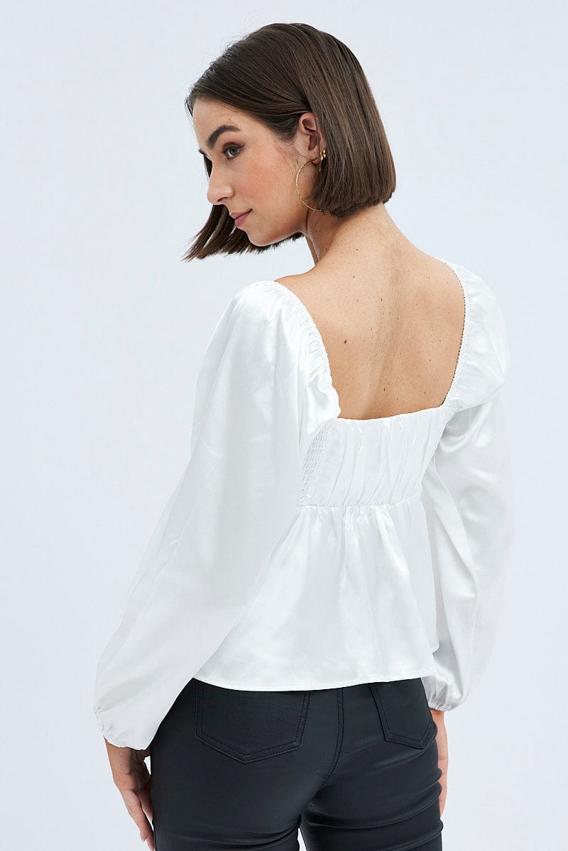 White Top Long Sleeve Square Neck Shirred Ruched Satin for Ally Fashion