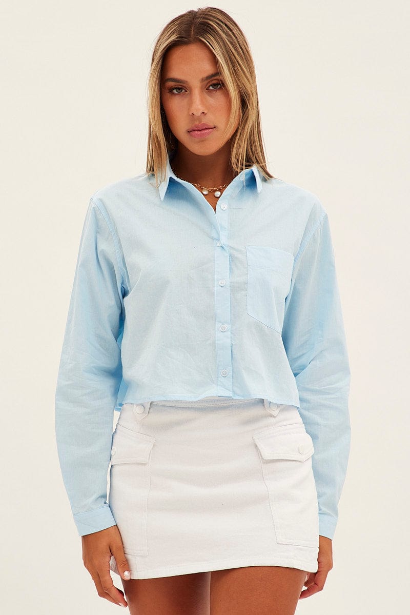 Blue Crop Shirt Long Sleeve Collared Oversized Fit for Ally Fashion