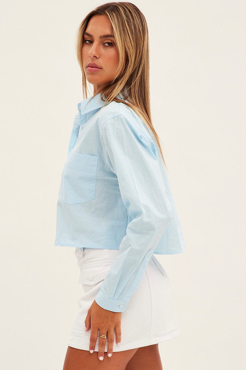 Blue Crop Shirt Long Sleeve Collared Oversized Fit for Ally Fashion