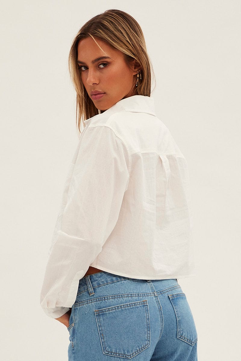 White Crop Shirt Long Sleeve Collared Oversized Fit for Ally Fashion