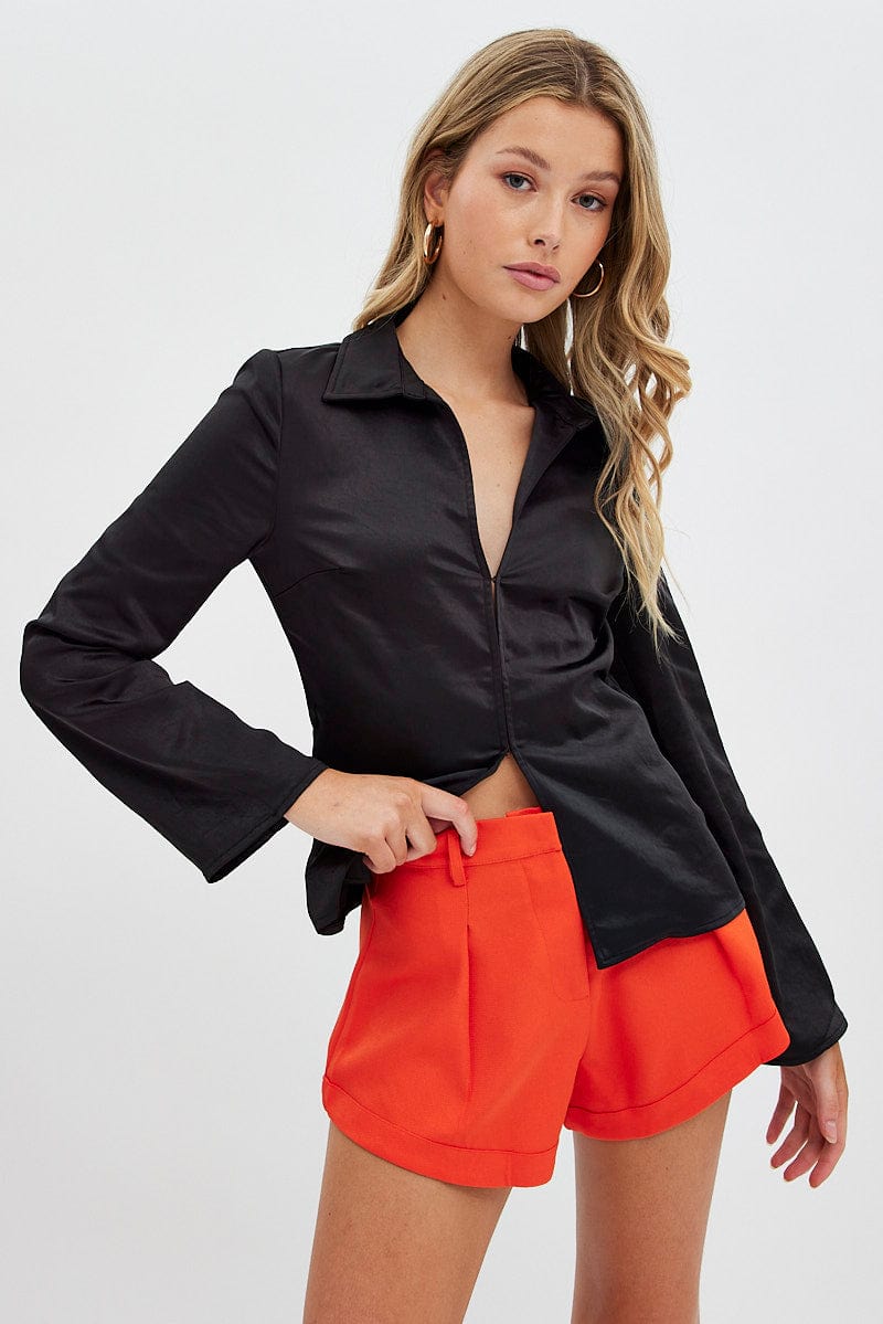 Black Shirt Long Sleeve Collared Hook & Eye Satin Crepe for Ally Fashion