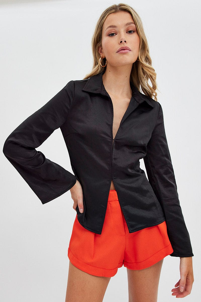 Black Shirt Long Sleeve Collared Hook & Eye Satin Crepe for Ally Fashion