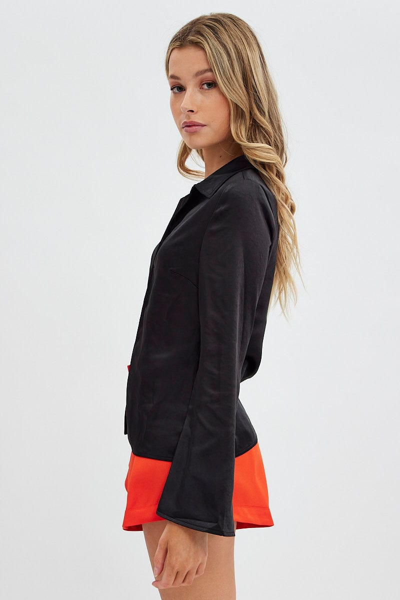 Black Shirt Long Sleeve Collared Hook & Eye Satin Crepe for Ally Fashion