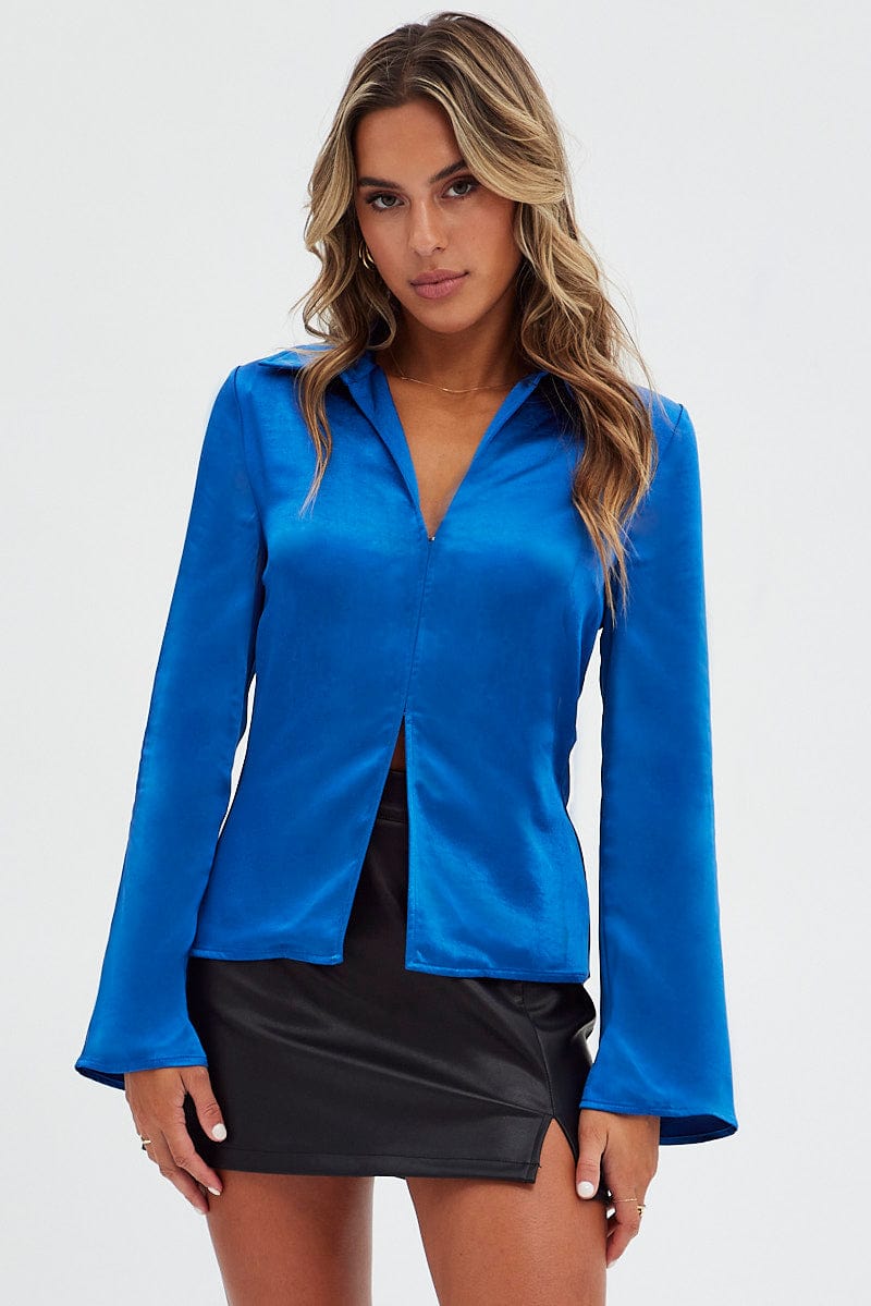 Blue Shirt Long Sleeve Collared Hook & Eye Satin Crepe for Ally Fashion