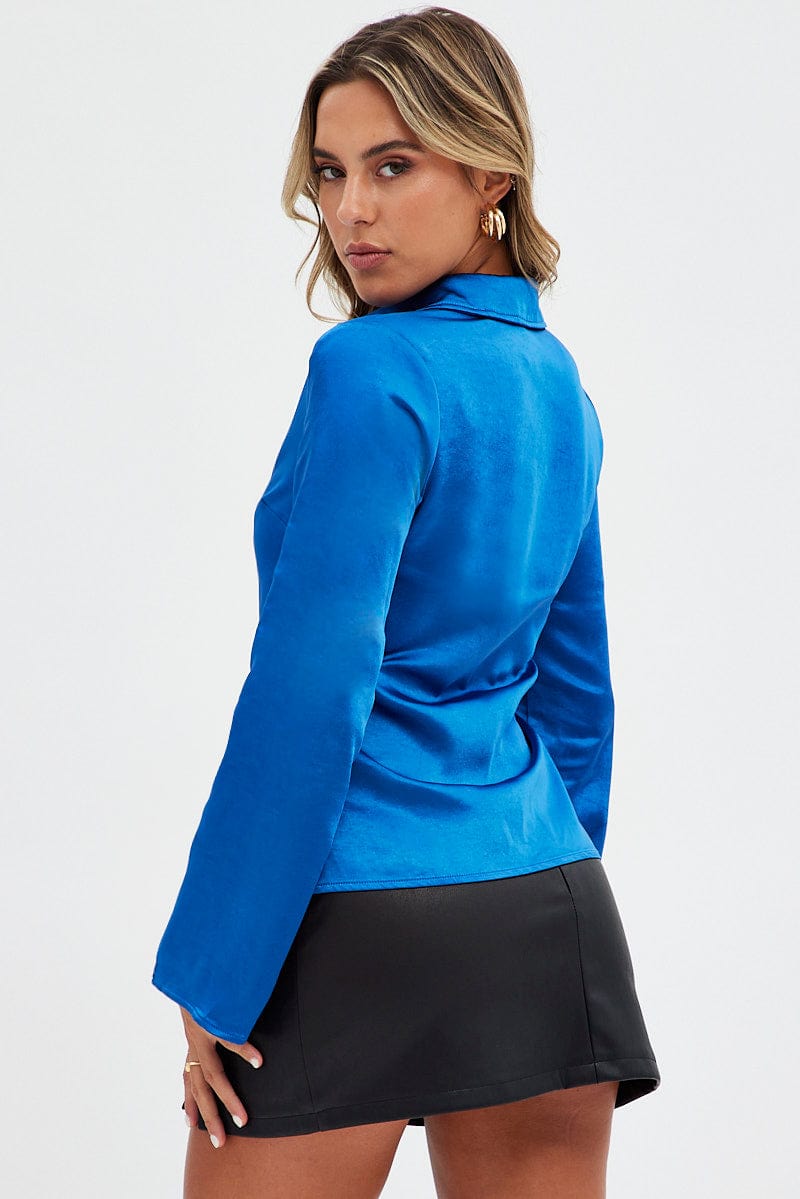 Blue Shirt Long Sleeve Collared Hook & Eye Satin Crepe for Ally Fashion