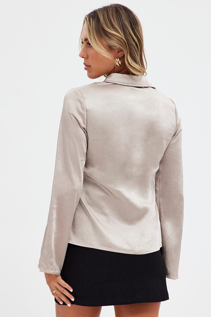 Grey Shirt Long Sleeve Collared Hook & Eye Satin Crepe for Ally Fashion