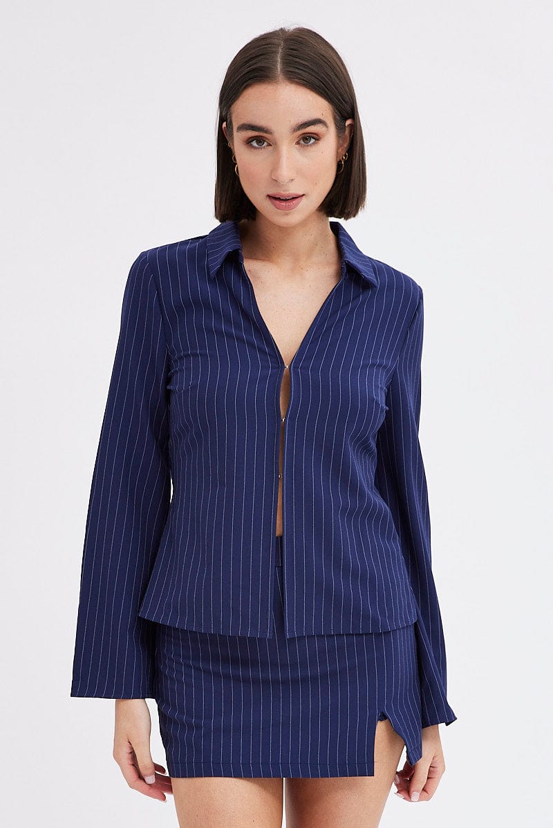 Blue Stripe Shirt Long Sleeve Collared Hook & Eye for Ally Fashion