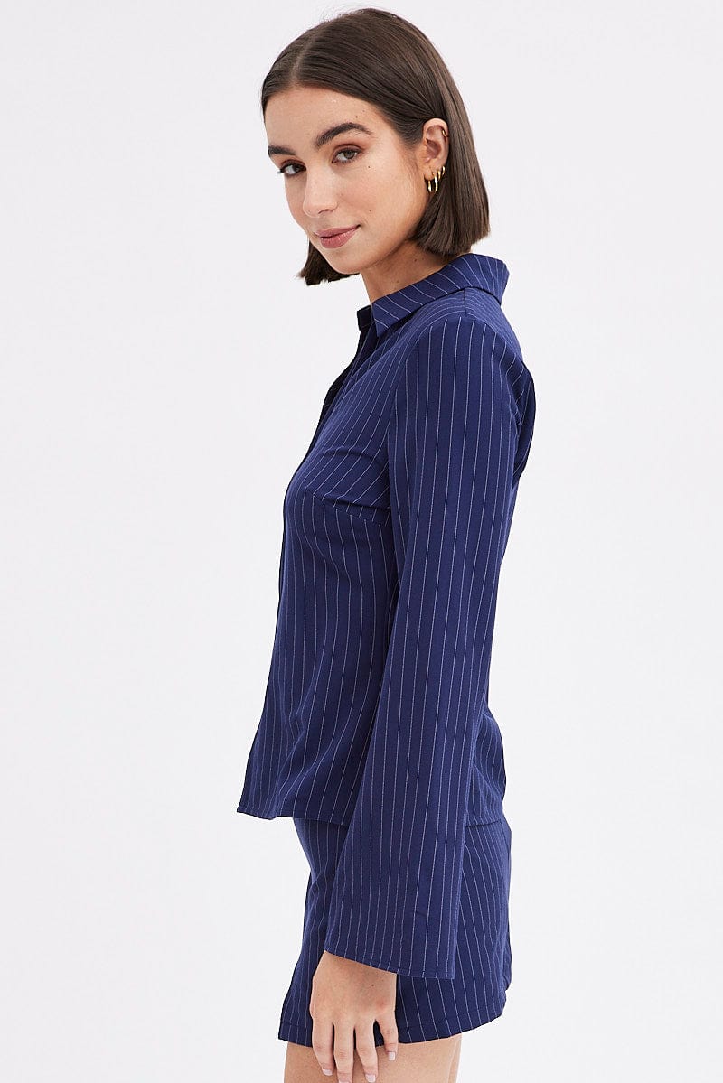 Blue Stripe Shirt Long Sleeve Collared Hook & Eye for Ally Fashion