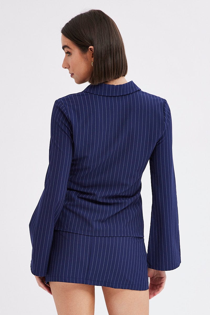 Blue Stripe Shirt Long Sleeve Collared Hook & Eye for Ally Fashion