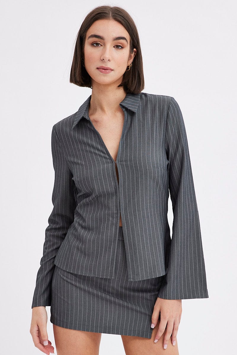 Grey Stripe Shirt Long Sleeve Collared Hook & Eye for Ally Fashion