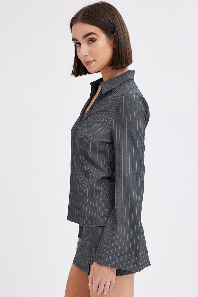 Grey Stripe Shirt Long Sleeve Collared Hook & Eye for Ally Fashion