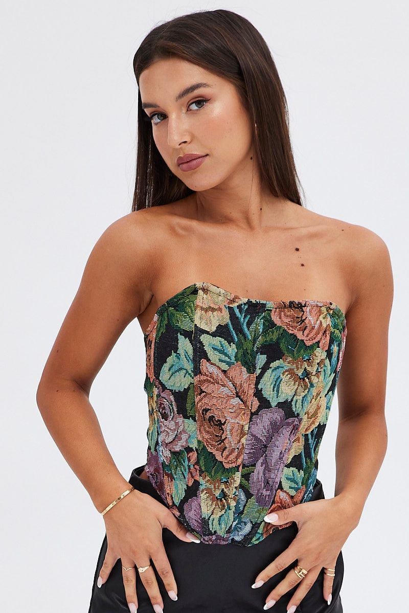 Black Floral Corset Sleeveless Strapless Sweetheart Longline for Ally Fashion