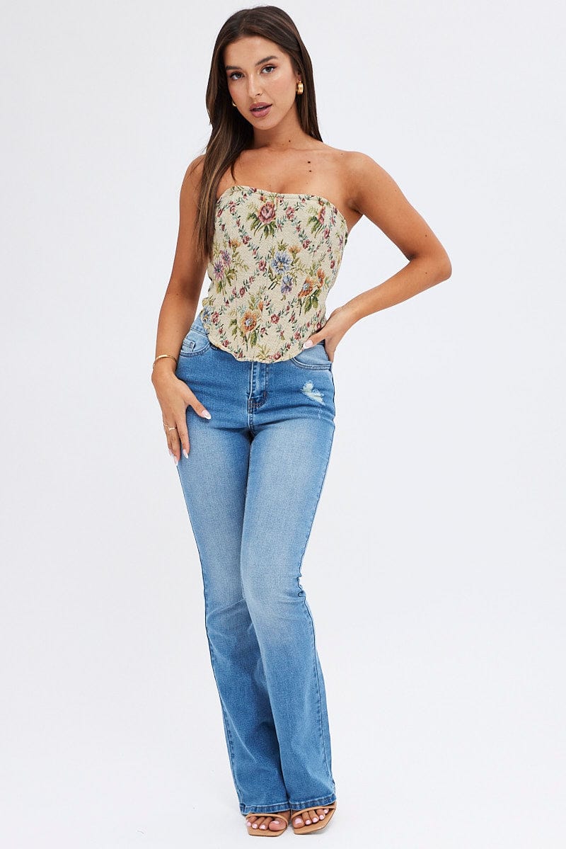 Camel Floral Corset Sleeveless Strapless Sweetheart Longline for Ally Fashion