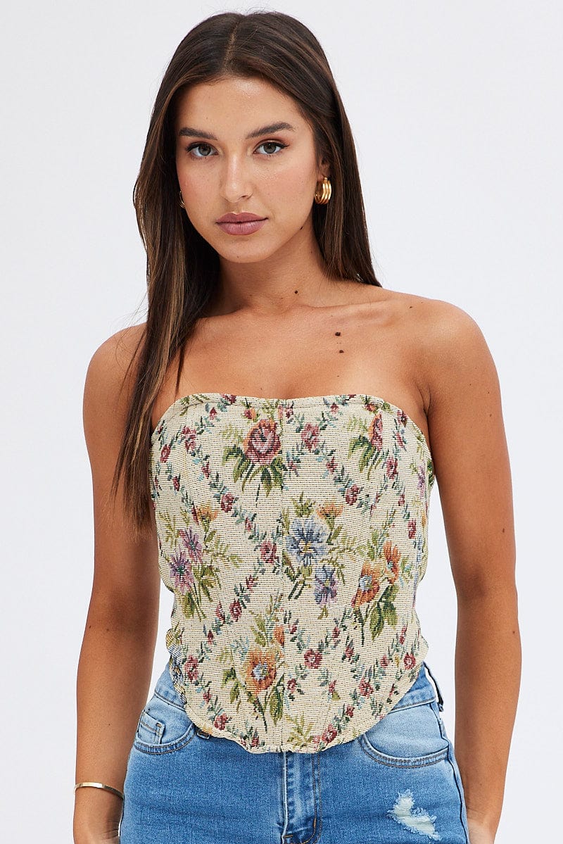 Camel Floral Corset Sleeveless Strapless Sweetheart Longline for Ally Fashion