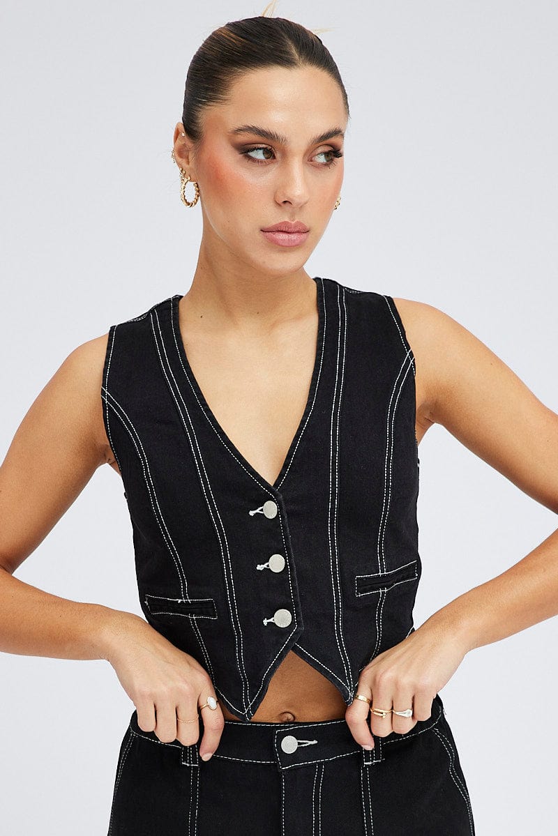Black Vest Top Sleeveless V Neck Semi-crop Button Up for Ally Fashion