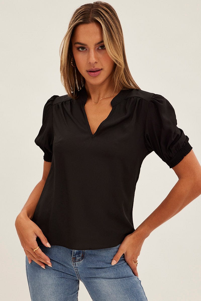 Black Top V Neck Short Sleeve Shirring Cuff for Ally Fashion