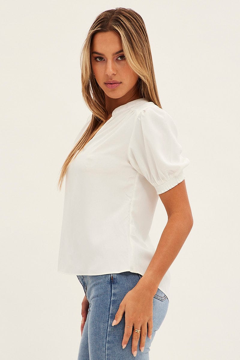 White Top V Neck Short Sleeve Shirring Cuff for Ally Fashion