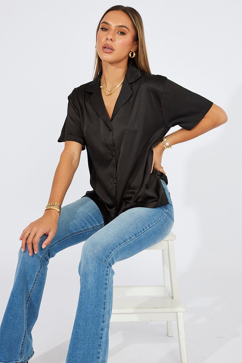 Black Satin Shirt Short Sleeve for Ally Fashion