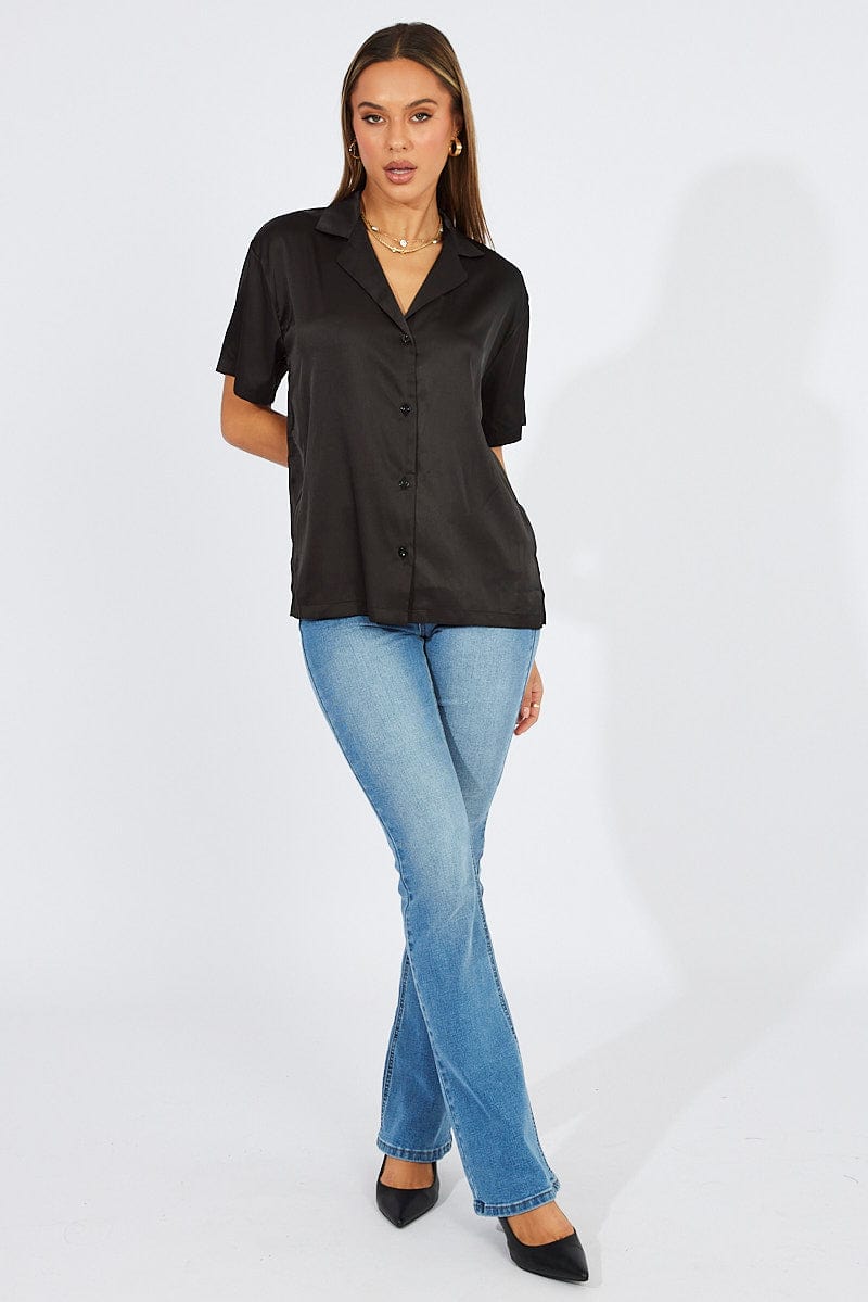 Black Satin Shirt Short Sleeve for Ally Fashion