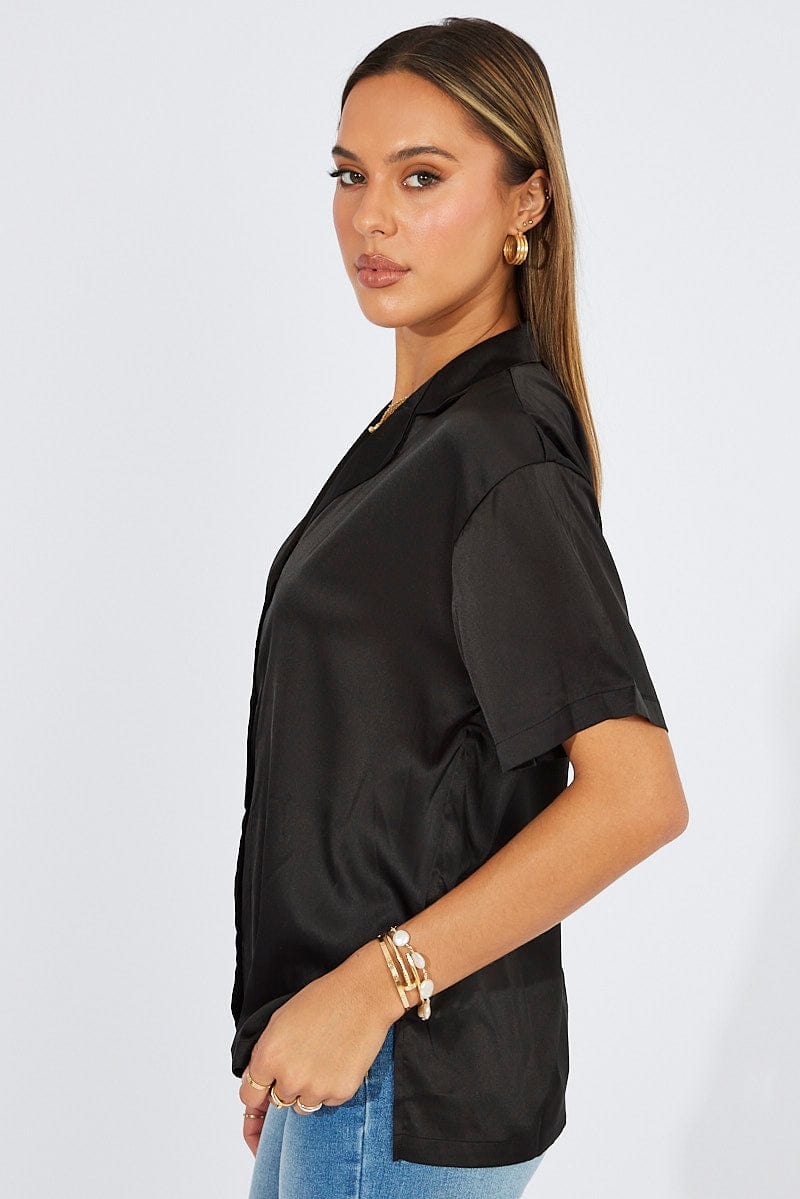 Black Satin Shirt Short Sleeve for Ally Fashion