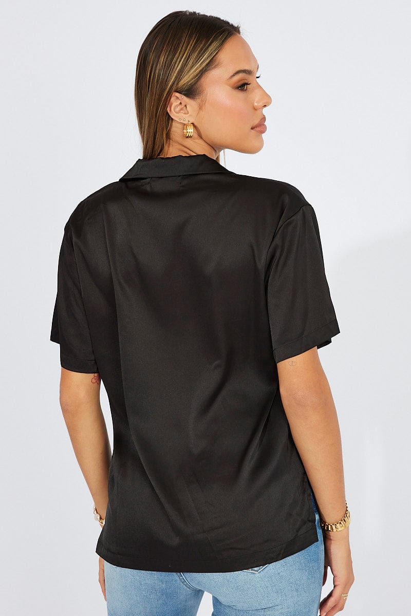 Black Satin Shirt Short Sleeve for Ally Fashion