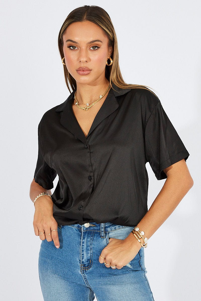 Black Satin Shirt Short Sleeve for Ally Fashion