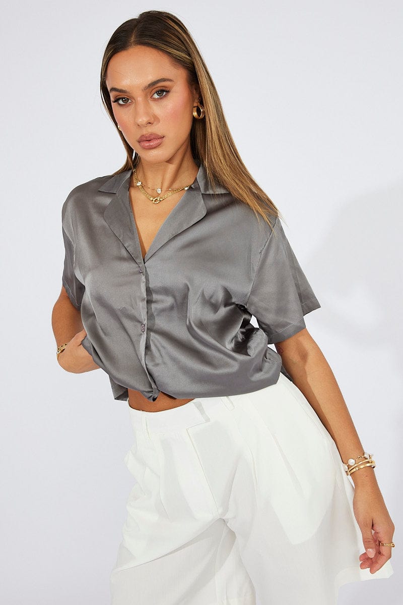 Grey Satin Shirt Short Sleeve for Ally Fashion