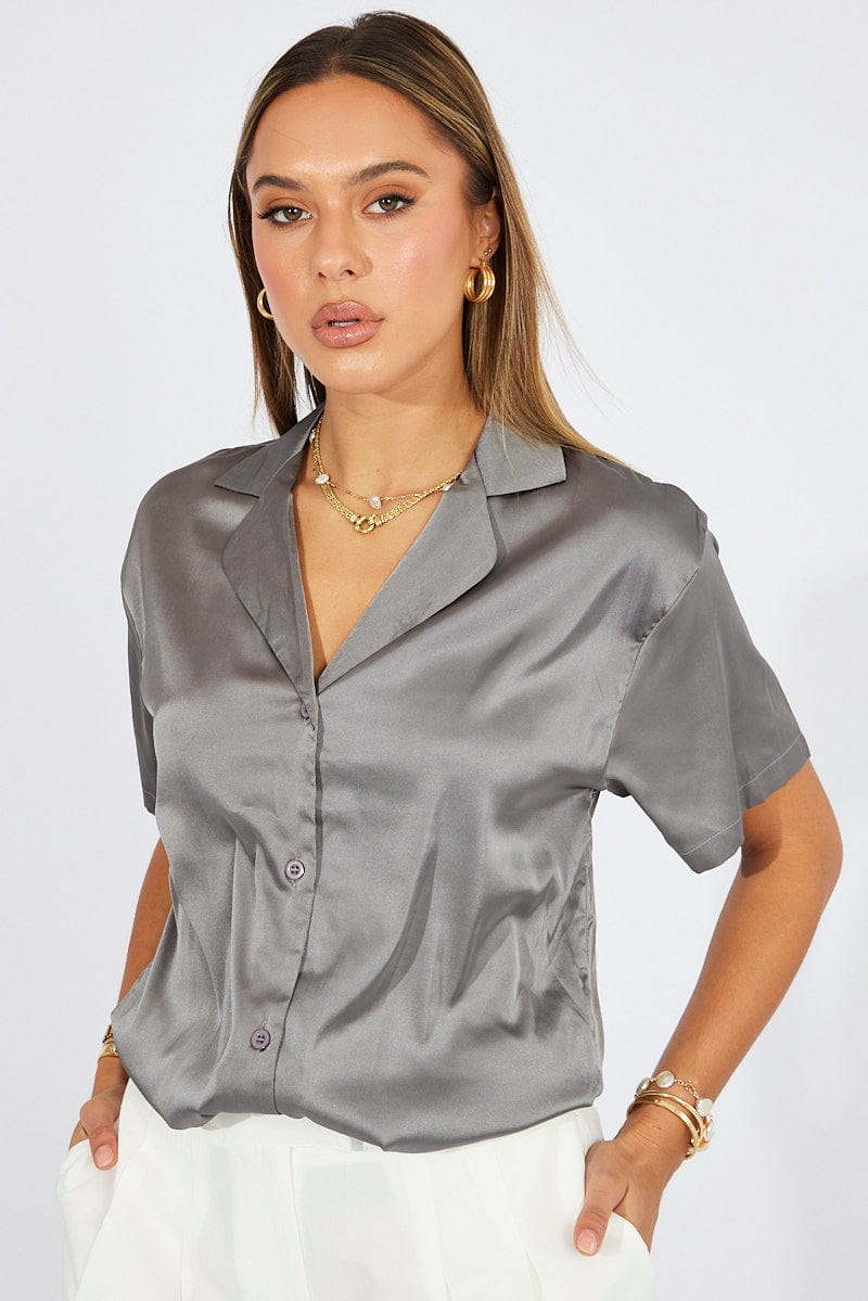 Grey Satin Shirt Short Sleeve for Ally Fashion