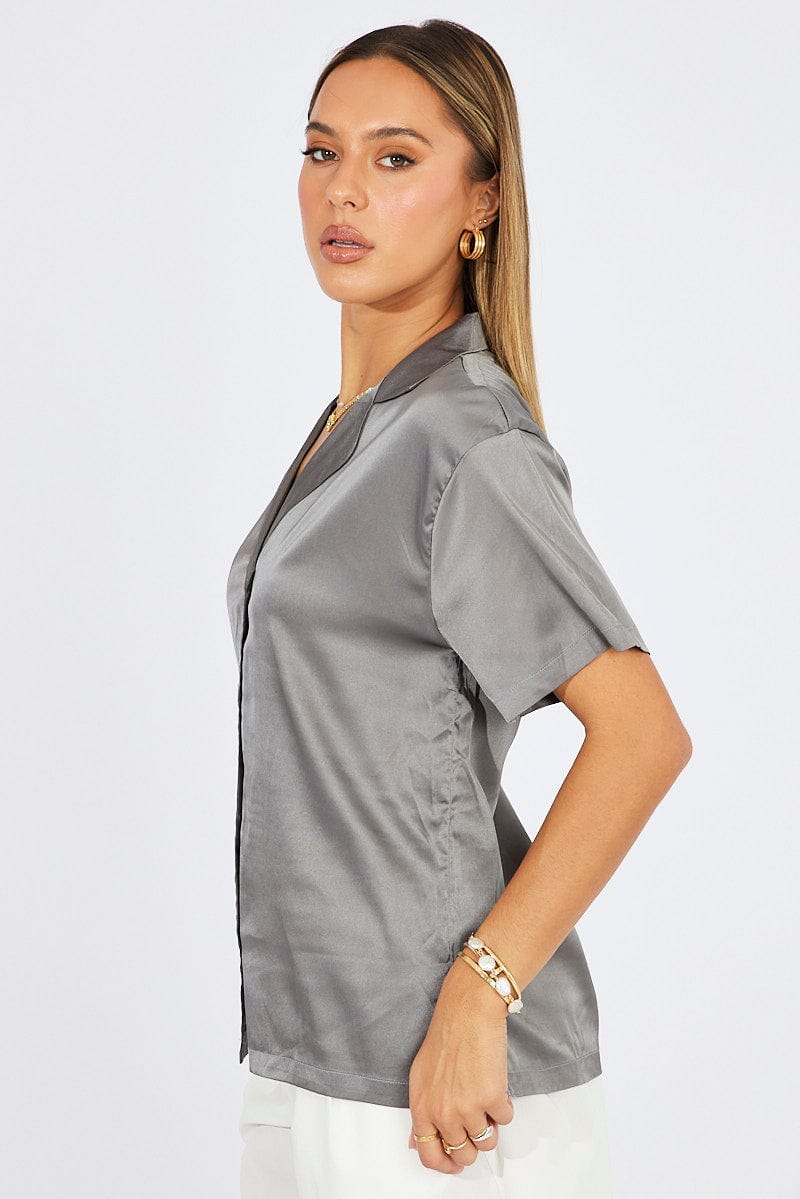 Grey Satin Shirt Short Sleeve for Ally Fashion