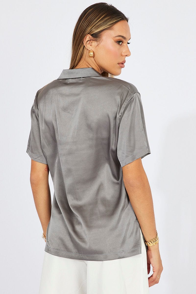 Grey Satin Shirt Short Sleeve for Ally Fashion