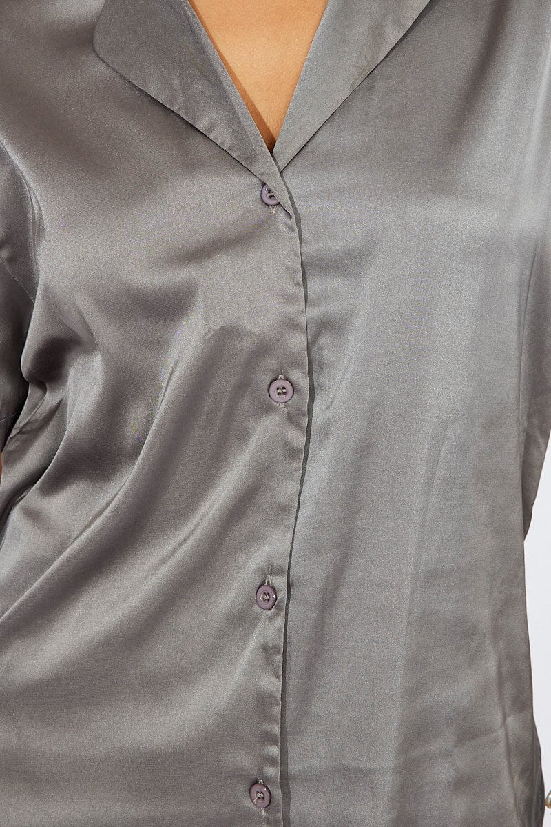 Grey Satin Shirt Short Sleeve for Ally Fashion