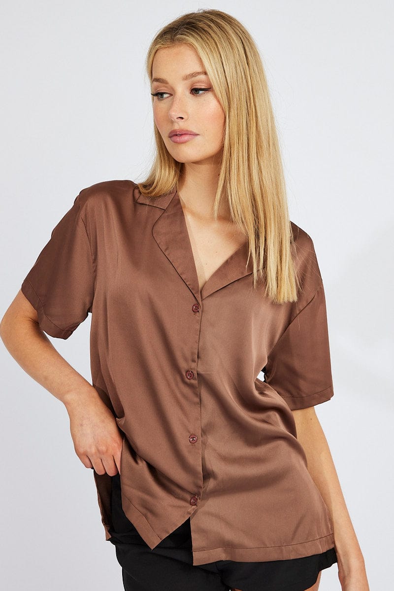 Brown Satin Shirt Short Sleeve for Ally Fashion