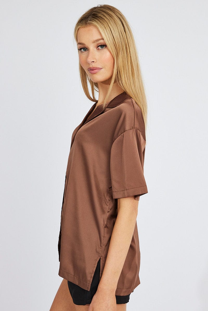 Brown Satin Shirt Short Sleeve for Ally Fashion