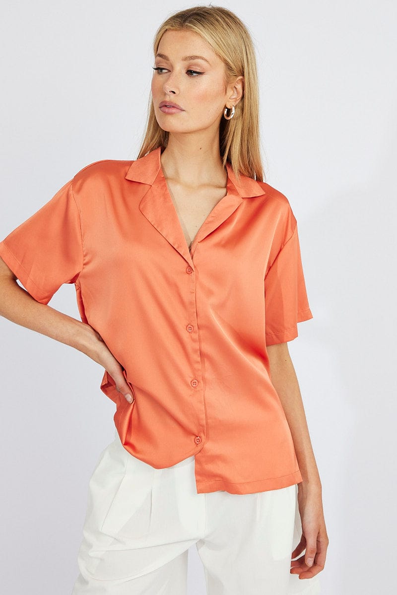 Brown Satin Shirt Short Sleeve for Ally Fashion