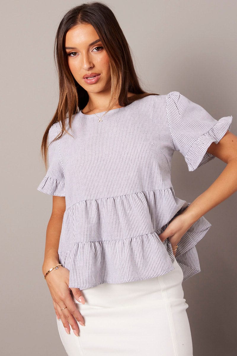 Black Stripe Ruffle Top Short Sleeve for Ally Fashion