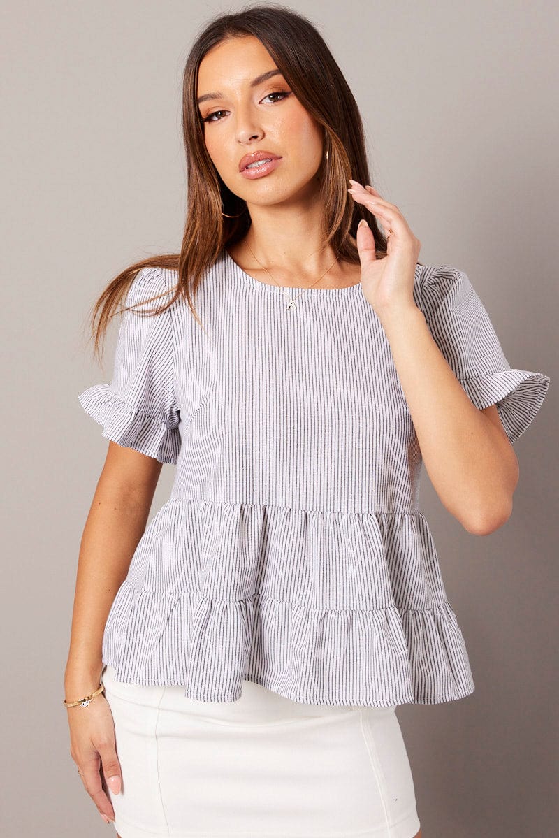 Black Stripe Ruffle Top Short Sleeve for Ally Fashion